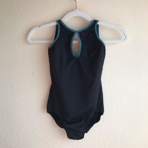 Custom Trienawear Leotard, Keyhole Front, Black and Turquoise Trim, Adult Small